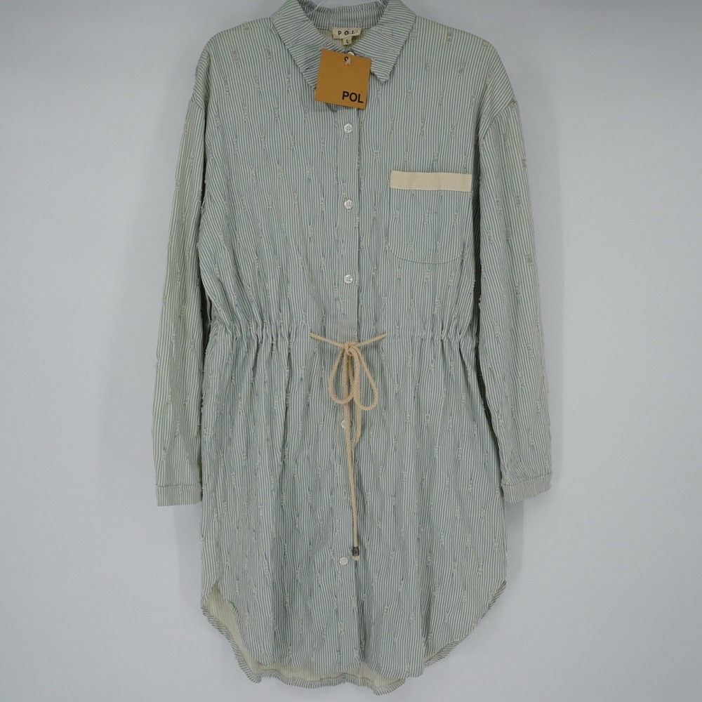 POL Long Sleeve Button Up Stripped Dress Drawstring Large NEW boho Coastal